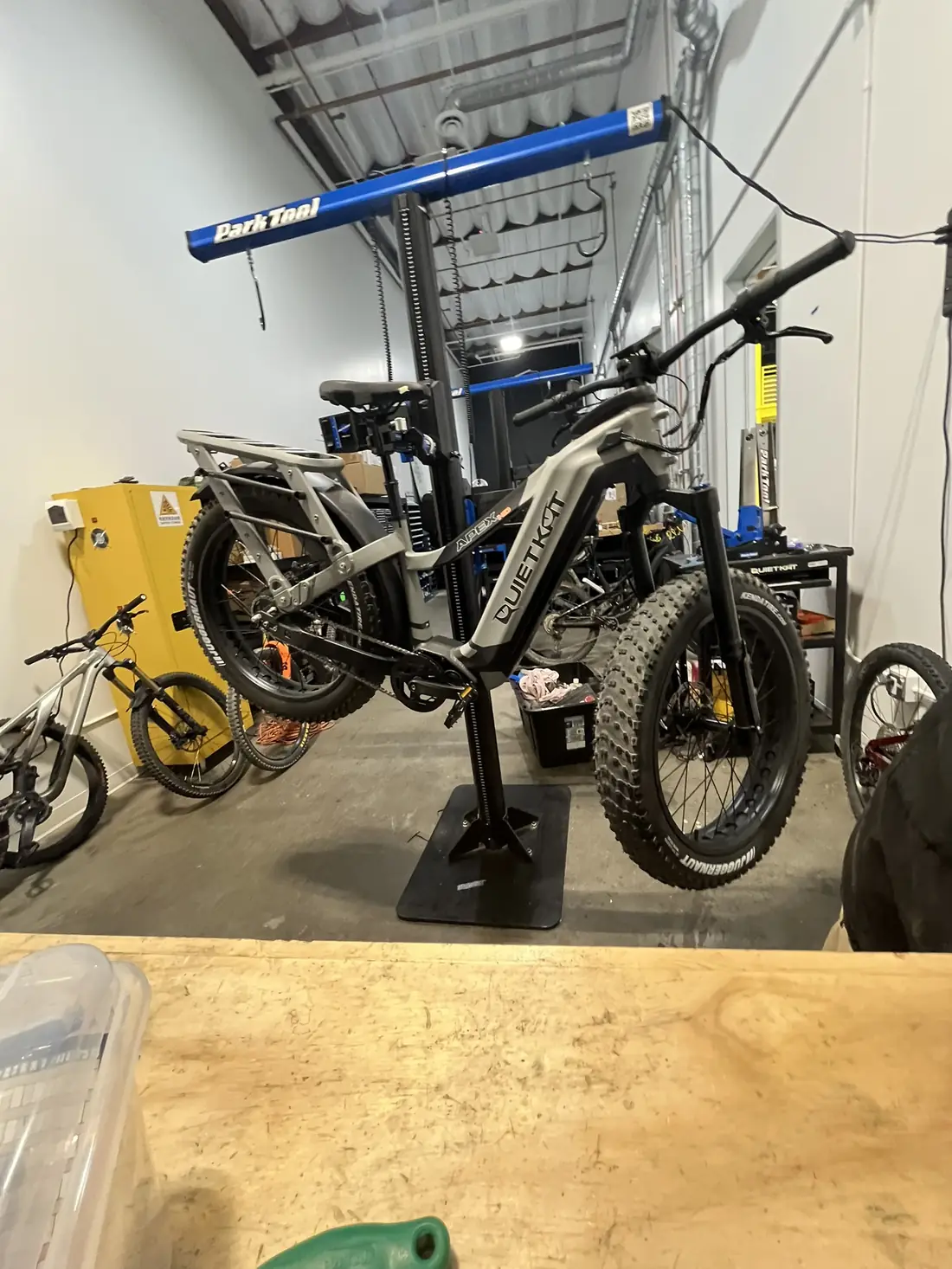 Downhill mountain bike on pro stand